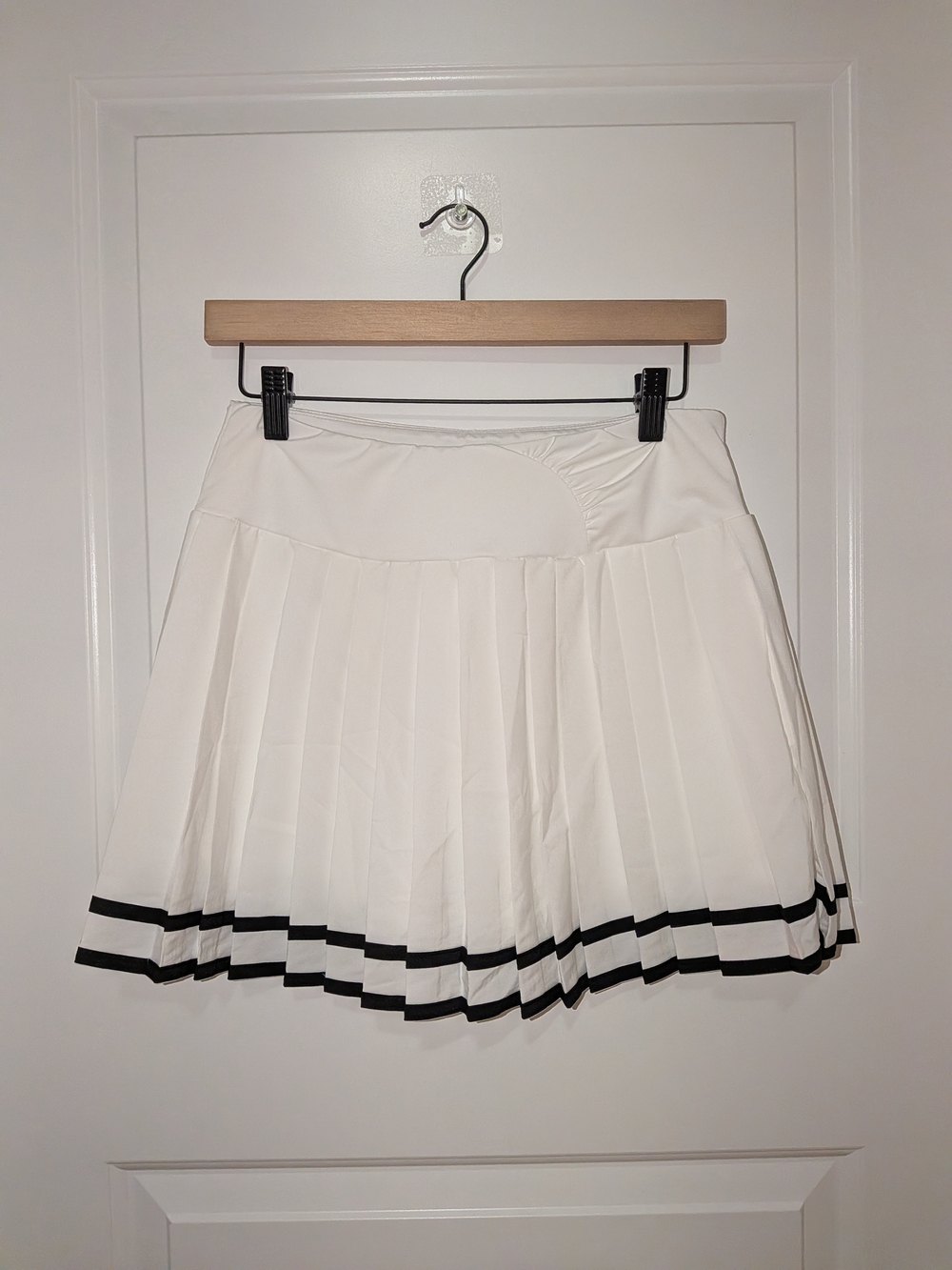 White Pleated Skater Skirt with Black Hem Stripes